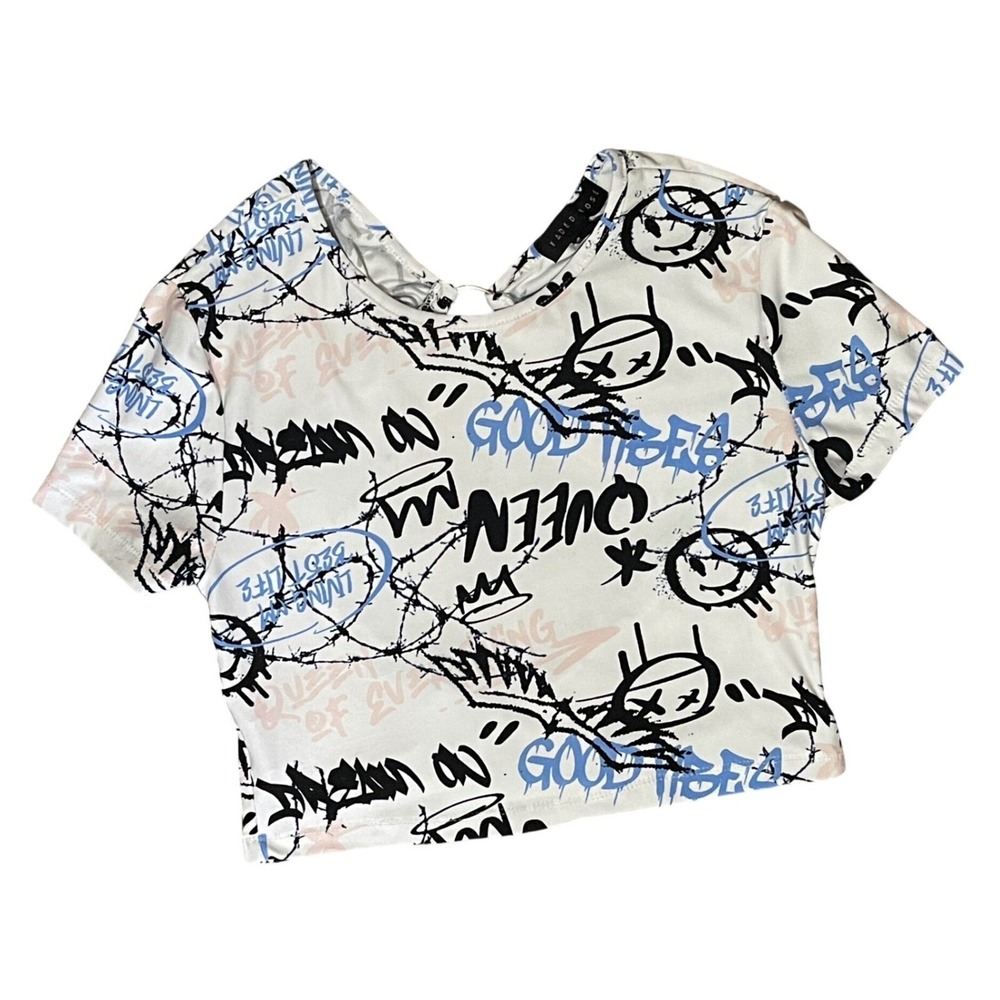 Faded Rose Graffiti Y2K Queen Crop Top Open Back Streetwear Tee‎ Shirt Size M